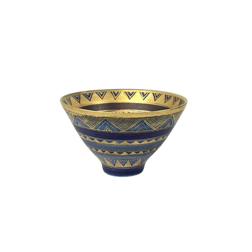 345 - A Mary Rich porcelain flared bowl. Typically decorated with geometric gilt bands, signed, height 7cm... 