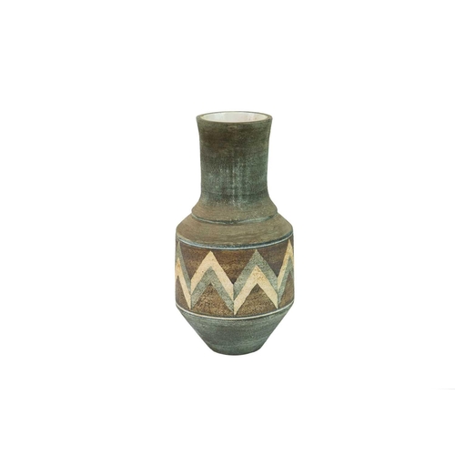 355 - A Troika pottery Urn vase. Decorated by Sue Lowe, height 26cm. Chips and hairline cracks to rim.