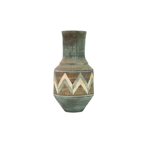 355 - A Troika pottery Urn vase. Decorated by Sue Lowe, height 26cm. Chips and hairline cracks to rim.