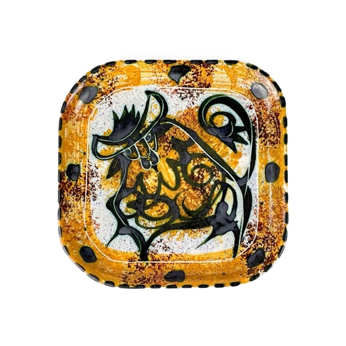 357 - A Celtic pottery small rectangular tray. Painted with a bull, 20cm square, together with three Celti... 