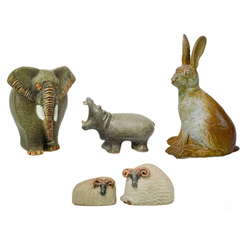 379 - Bernard Rooke (1938), five studio pottery animals. Comprising, an elephant, height 19.5cm, a hippopo... 