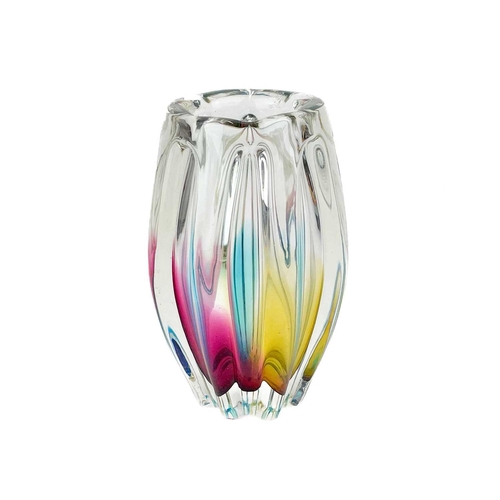 399 - A Sanyu glass Fantasy series harlequin vase. Height 20cm together with two mid century glass vases a... 