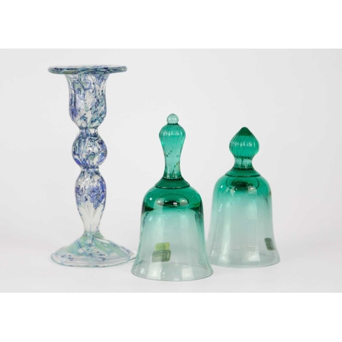 407 - A Vera Walther clear glass candlestick with blue floral design. Height 20cm, with a Murano art glass... 