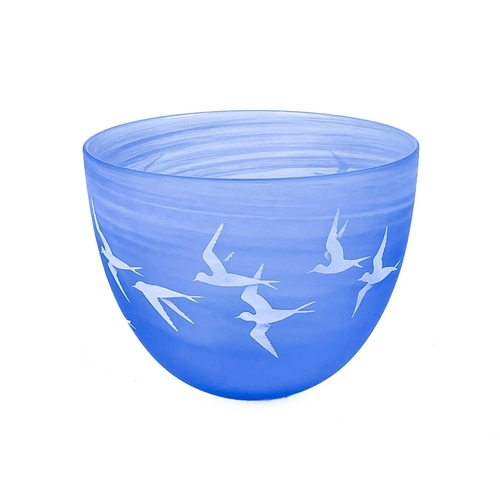 411 - Malcolm Sutcliffe (1954). A studio glass bowl, the blue ground decorated with birds in flight, engra... 