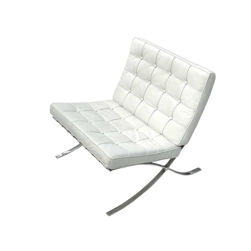 424 - After Mies Van der Rohe, a white leather Barcelona chair and stool. Late 20th century, on a chrome b... 