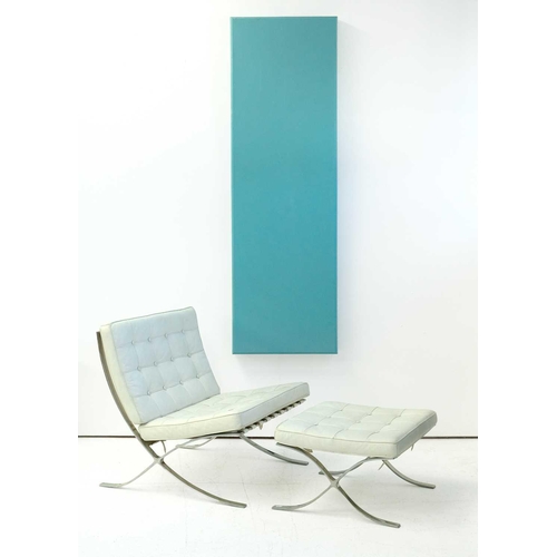 424 - After Mies Van der Rohe, a white leather Barcelona chair and stool. Late 20th century, on a chrome b... 