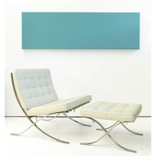 424 - After Mies Van der Rohe, a white leather Barcelona chair and stool. Late 20th century, on a chrome b... 