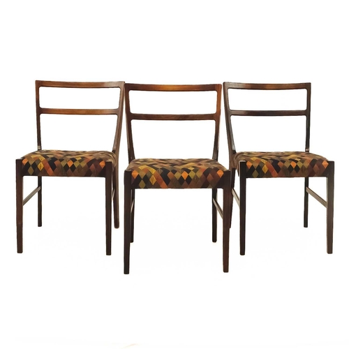 433 - A set of six Bernhard Pedersen Danish dining chairs. Indian Rosewood Cushioned seats with harlequin ... 