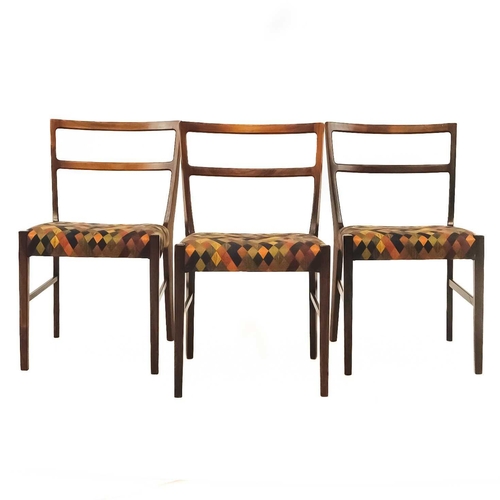 433 - A set of six Bernhard Pedersen Danish dining chairs. Indian Rosewood Cushioned seats with harlequin ... 