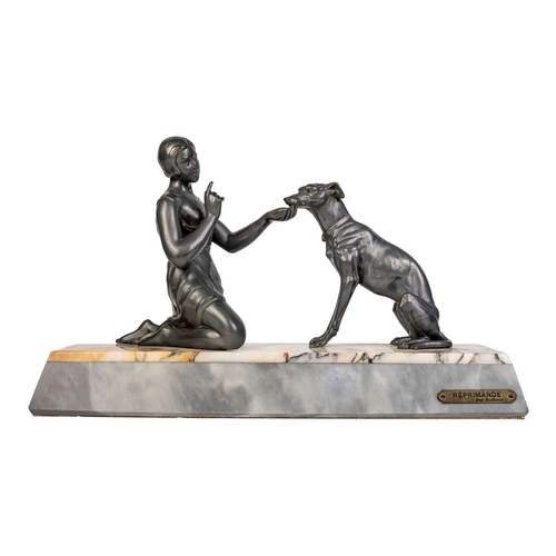 438 - An Art Deco spelter figure of a kneeling lady and greyhound. On a marble base, with an attahed plaqu... 