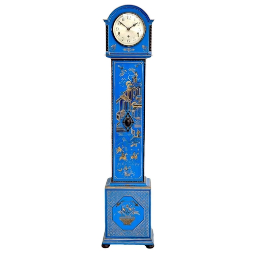 529 - A Chinoiserie lacquer small longcase or 'Grandmother' clock. With raised gilded decoration on a blue... 