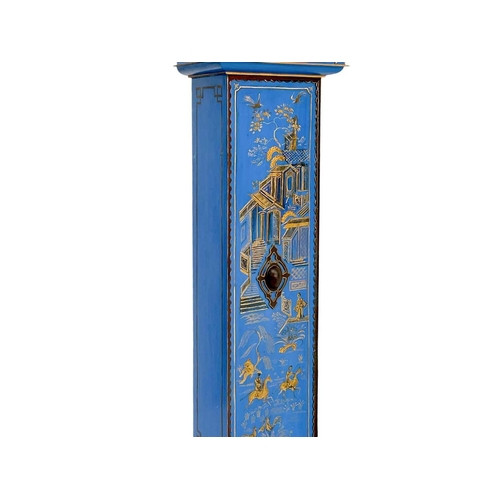 529 - A Chinoiserie lacquer small longcase or 'Grandmother' clock. With raised gilded decoration on a blue... 