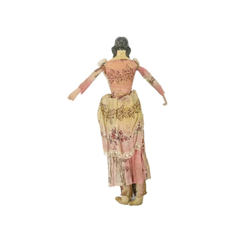 550 - A German papier mache shoulder head doll. Circa 1850, with painted hair and face details, stuffed co... 