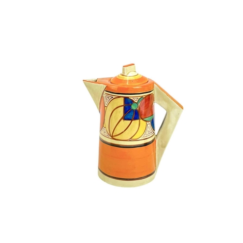 552 - A Clarice Cliff Fantasque Melon pattern coffee pot and cover. Of tapered form, with angular handle, ... 