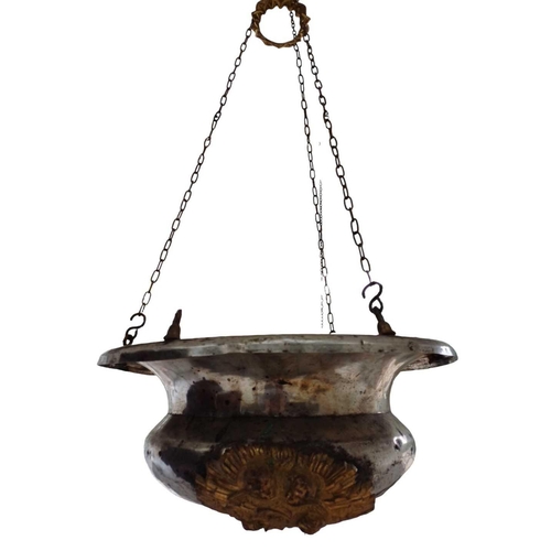 57 - A cast metal bowl. Diameter 32cm together with a hanging lamp bowl with brass mounts. (2)