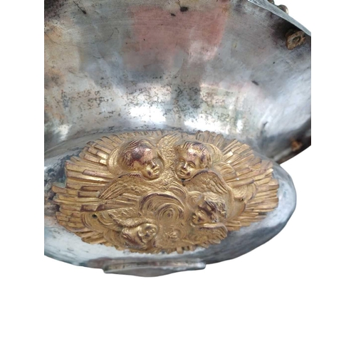 57 - A cast metal bowl. Diameter 32cm together with a hanging lamp bowl with brass mounts. (2)