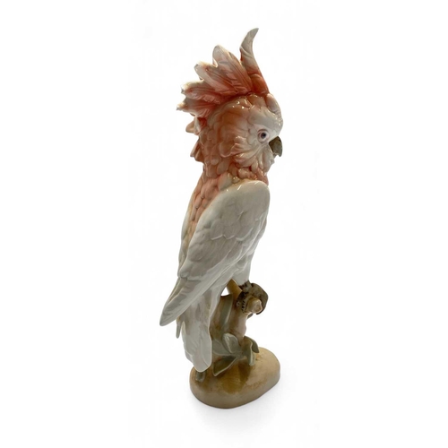 573 - A Royal Dux porcelain figure of a cockatoo perched on a branch. Decorated in pink hues, height 41cm.