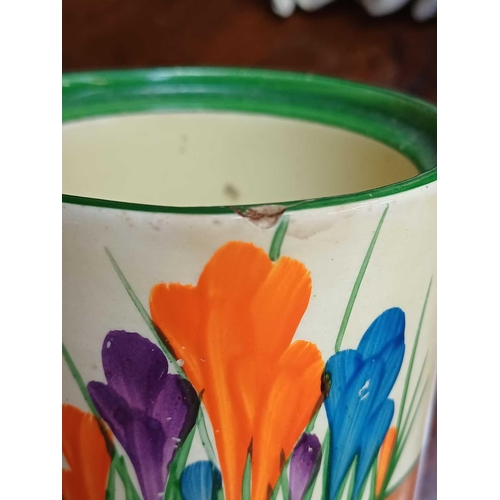 608 - A Clarice Cliff Crocus pattern drum shape preserve pot and cover. Bizarre Newport Pottery marks, hei... 