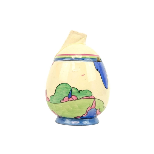 617 - A Clarice Cliff Rudyard pattern daffodil shape preserve pot and cover. Bizarre Newport Pottery mark,... 