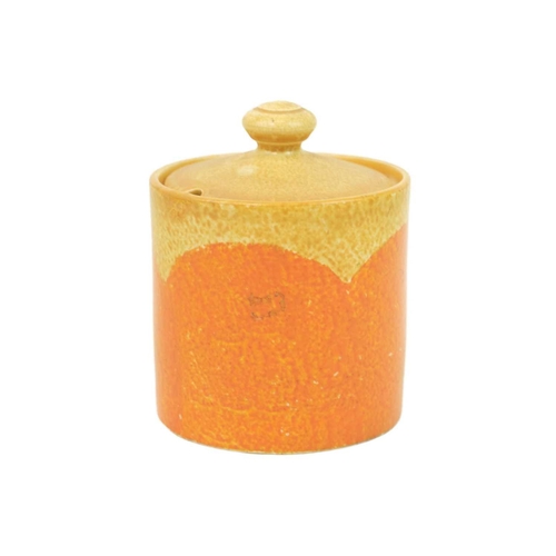 619 - A Clarice Cliff Oranges Cafe au Lait pattern drum shape preserve pot and cover. Bizarre Wilkinson an... 