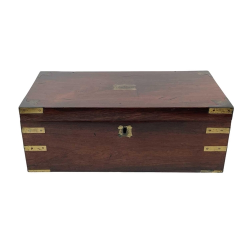 62 - A brass bound walnut campaign writing box. Early 19th century, with a brass cartouche engraved RJB, ... 