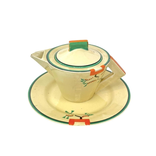 624 - A Clarice Cliff Ravel pattern Daffodil shape teapot and cover. Bizarre Wilkinson Ltd, height 14cm to... 