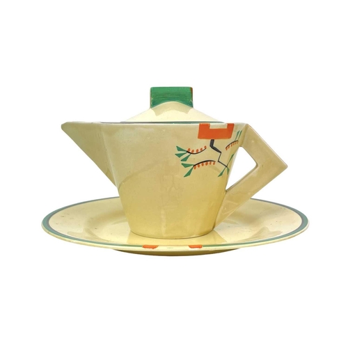 624 - A Clarice Cliff Ravel pattern Daffodil shape teapot and cover. Bizarre Wilkinson Ltd, height 14cm to... 