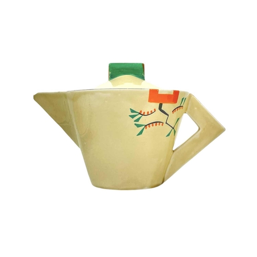 624 - A Clarice Cliff Ravel pattern Daffodil shape teapot and cover. Bizarre Wilkinson Ltd, height 14cm to... 