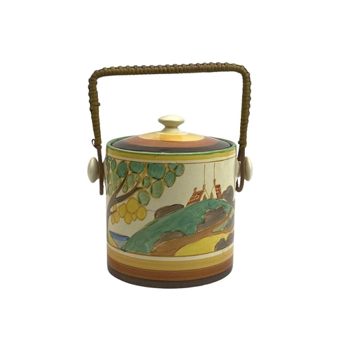 625 - A Clarice Cliff Secrets pattern Hereford shape biscuit barrel and cover. Fantasque Bizarre Newport P... 