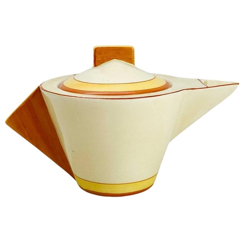 634 - A Clarice Cliff Sunshine pattern Odilon shape teapot and cover. Bizarre Wilkinson Ltd marks together... 