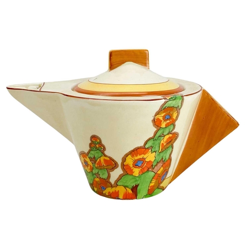 634 - A Clarice Cliff Sunshine pattern Odilon shape teapot and cover. Bizarre Wilkinson Ltd marks together... 