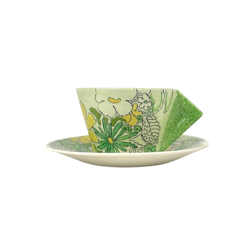 637 - A Clarice Cliff Crepe de Chene conical cup and saucer. Bizarre Wilkinson Ltd marks together with two... 