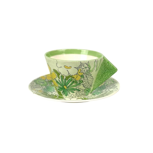 637 - A Clarice Cliff Crepe de Chene conical cup and saucer. Bizarre Wilkinson Ltd marks together with two... 