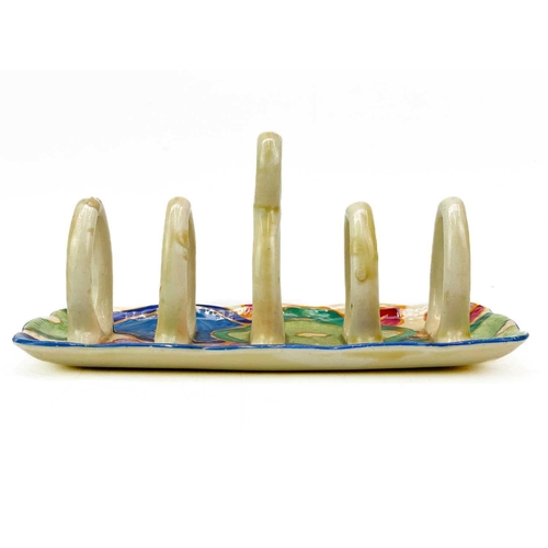 641 - A Clarice Cliff Blue Chintz pattern toast rack. Fantasque Bizarre Newport Pottery marks. Scratches t... 