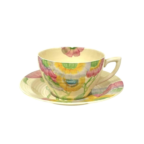 644 - A Clarice Cliff Pink Pearls pattern conical coffee can and saucer. Bizarre Wilkinson Ltd marks toget... 