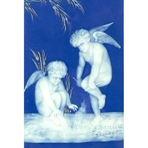 663 - A Limoges pate-sur-pate porcelain plaque. Emblematic of Winter by A Barriere highlighted in gilt, 15... 