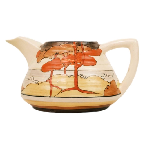 670 - A Clarice Cliff Coral Firs pattern Lynton shape teapot. Bizarre Wilkinson Ltd marks together with an... 