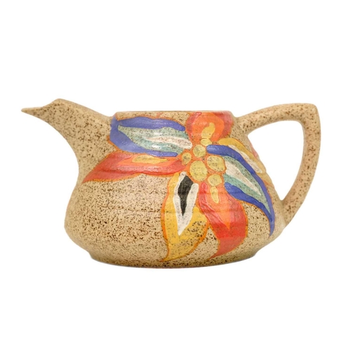 670 - A Clarice Cliff Coral Firs pattern Lynton shape teapot. Bizarre Wilkinson Ltd marks together with an... 