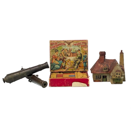 68 - A mixed lot, including two bronze model canon. Length 15.5cm, a John Cole cast metal 'Who'll Win The... 