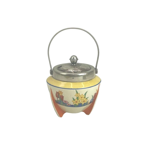 686 - A Clarice Cliff Chloris pattern drum shape preserve pot and cover. Honeyglaze marks, height 9cm toge... 