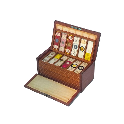 70 - Two Victorian mahogany cases of microscope slides. The flush boxes, with hinged lids and fronts, con... 