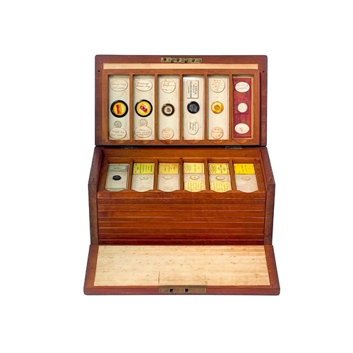 70 - Two Victorian mahogany cases of microscope slides. The flush boxes, with hinged lids and fronts, con... 