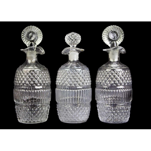 704 - Six blown glass decanters, probably Irish, circa 1820. Largest height 23cm. (6) Slight staining to t... 