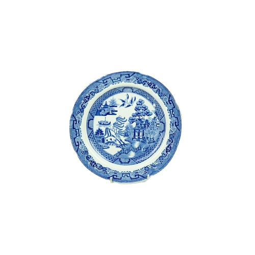 713 - A Baker, Bevans and Irwin pearlware plate. Printed the willow pattern, impressed mark and P.E. Morri... 