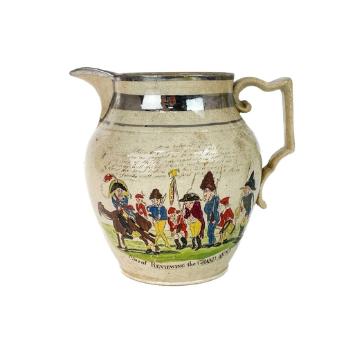 717 - A Staffordshire pearlware jug. Circa 1820, with silver lustre bands and printed and coloured transfe... 