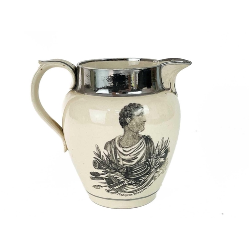 718 - A Staffordshire silver lustre Marquis of Wellington jug. Circa 1812, transfer printed with two portr... 