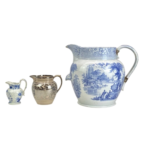 728 - Various blue printed 19th century pearlware earthenware. Including a large footbath jug, a Swansea w... 