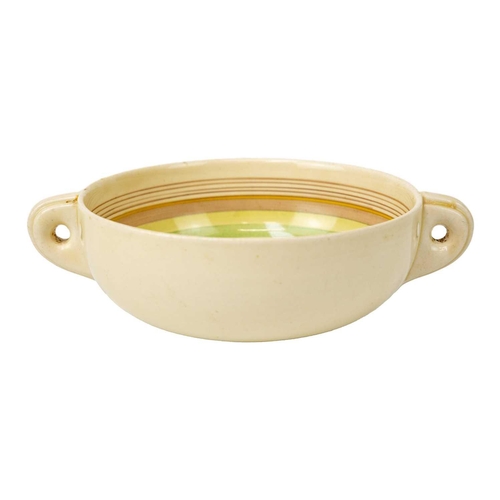 738 - A Clarice Cliff Biarritz banded design twin handled soup bowl and stand. Diameter 11.5cm together wi... 