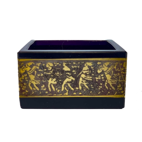 750 - A Moser Karlsbad amethyst glass rectangular pot. With a bronzed band of classical warriors, etched m... 