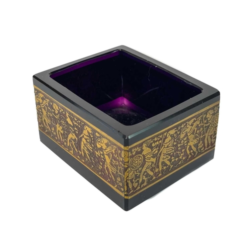 750 - A Moser Karlsbad amethyst glass rectangular pot. With a bronzed band of classical warriors, etched m... 